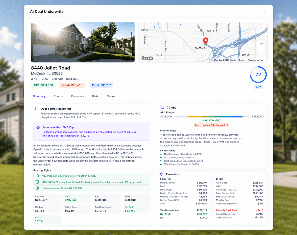 AI Deal Underwriter report showing property details, comps, deal score, and financials.