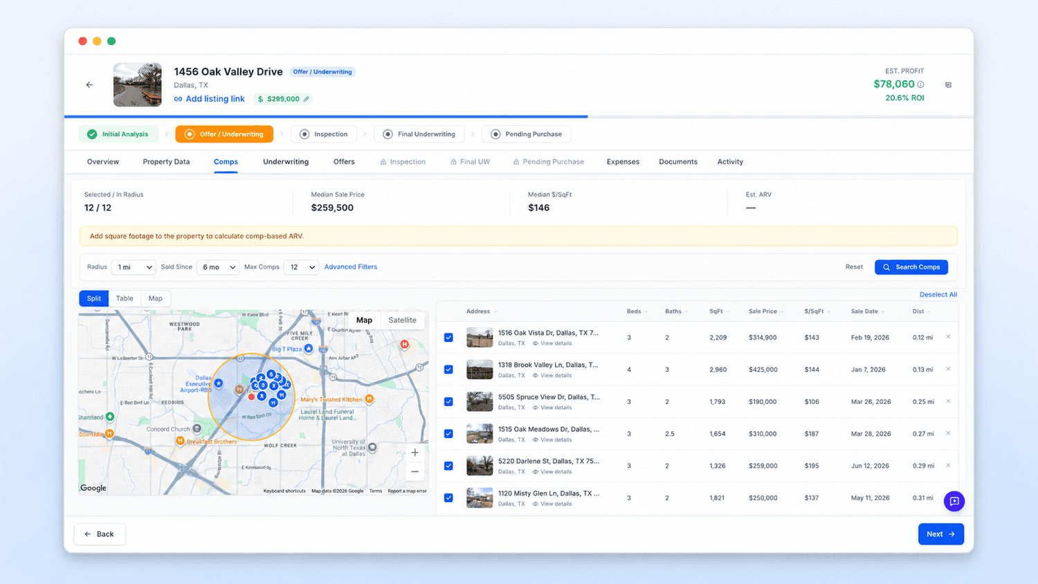 Comps Research workbench with a comparable sales map, sortable comp table, and ARV metrics.