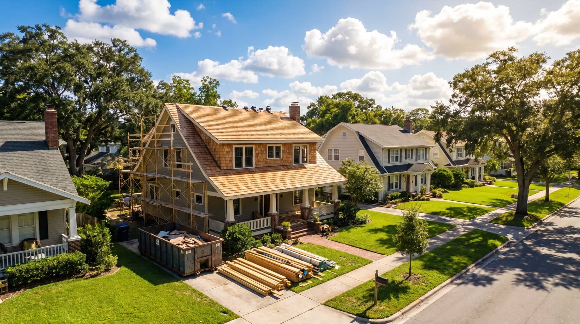 Single-family home mid-renovation with scaffolding and stacked lumber, a house flip in progress