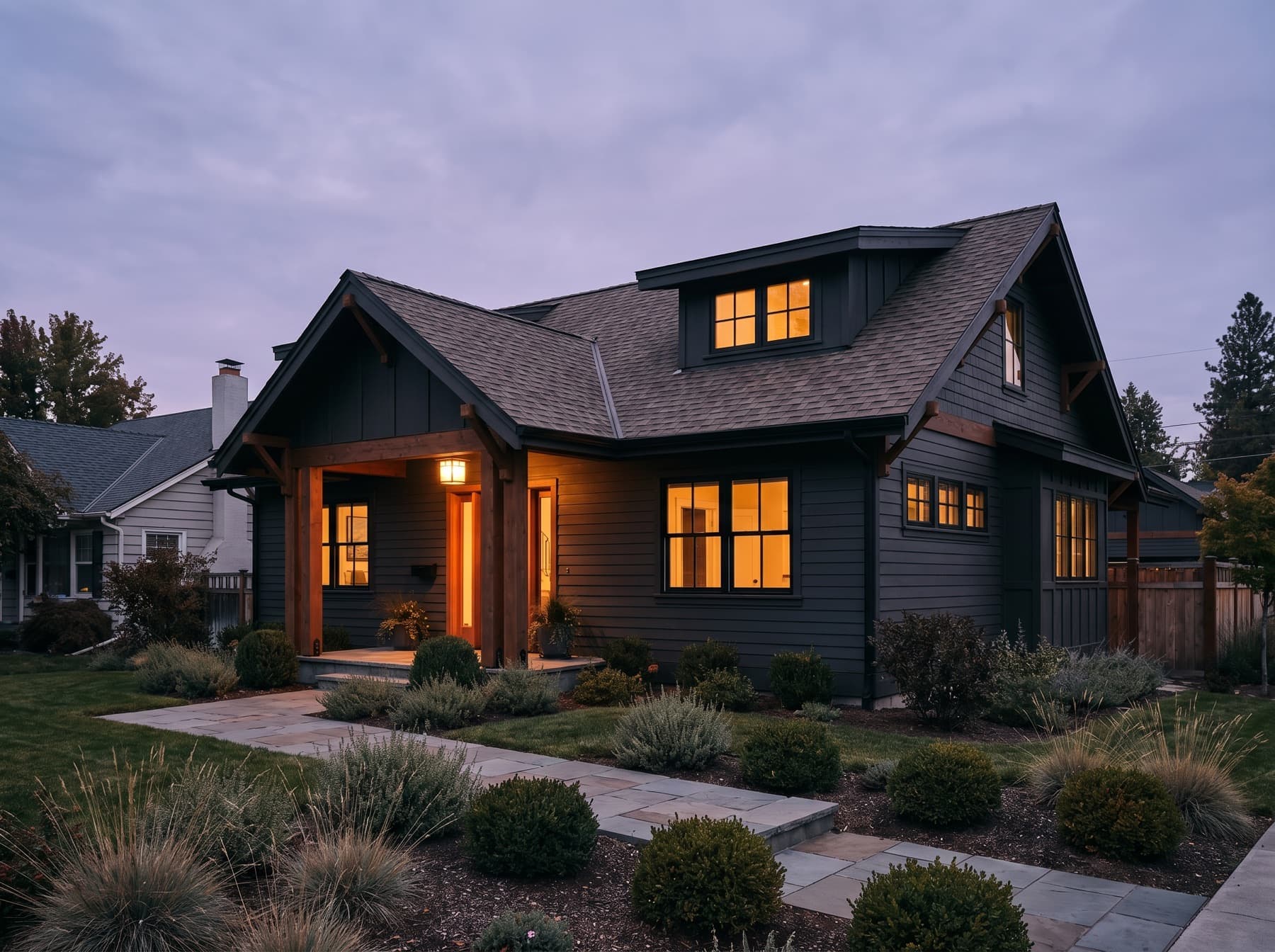 A fully renovated modern craftsman home at dusk.