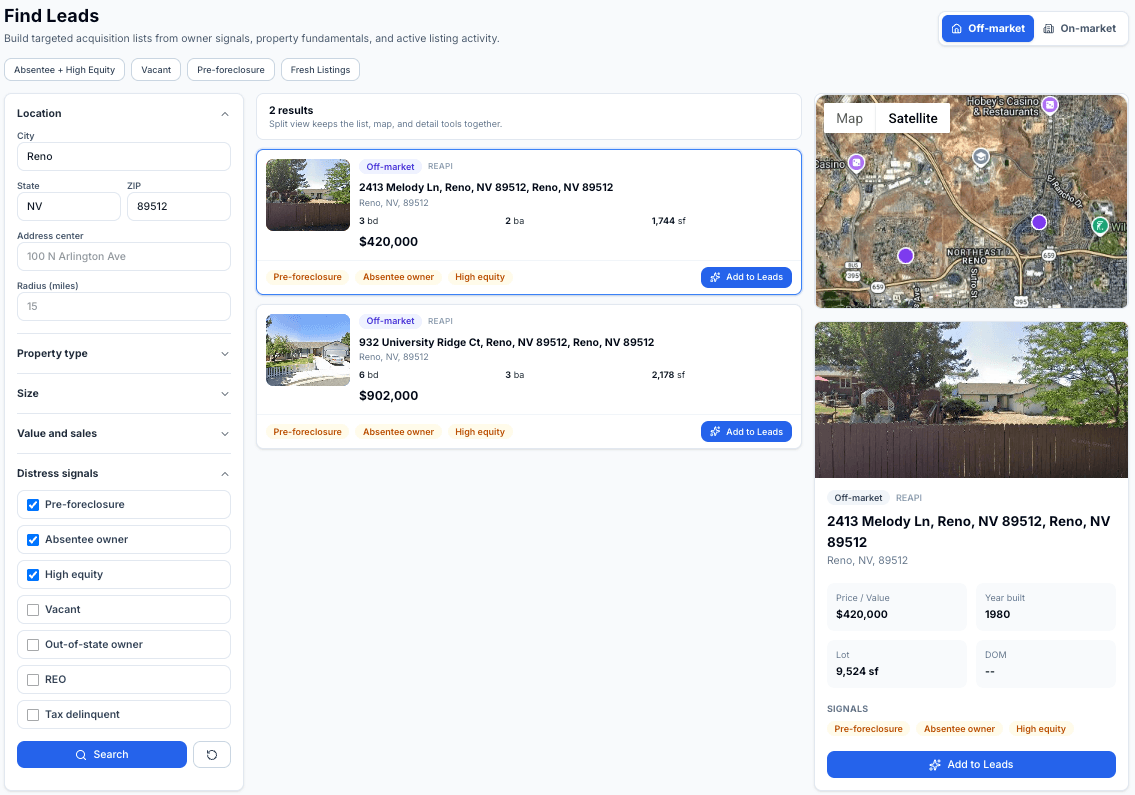 Find Leads workspace with distress signal filters, search results, and property map.