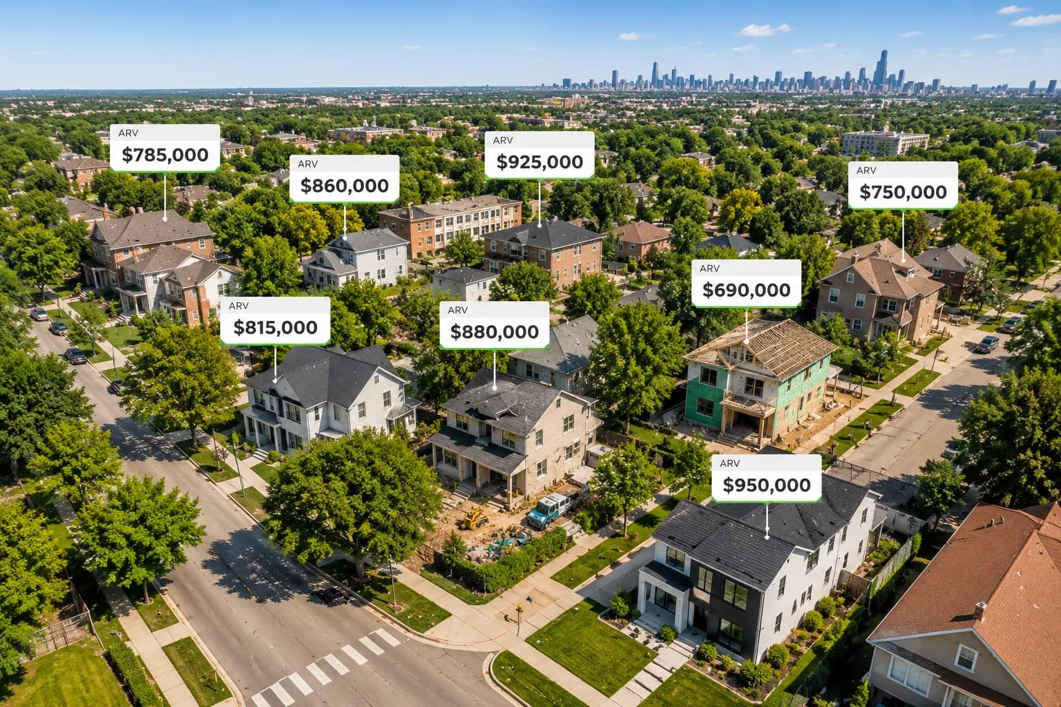 Aerial view of a residential neighborhood with ARV estimates labeled above each property.